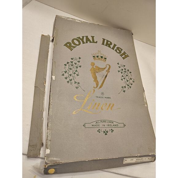 Vintage Irish Linen 64x84 Banquet Tablecloth & 8 Matching Napkins Ivory In Box - Picture 8 of 9